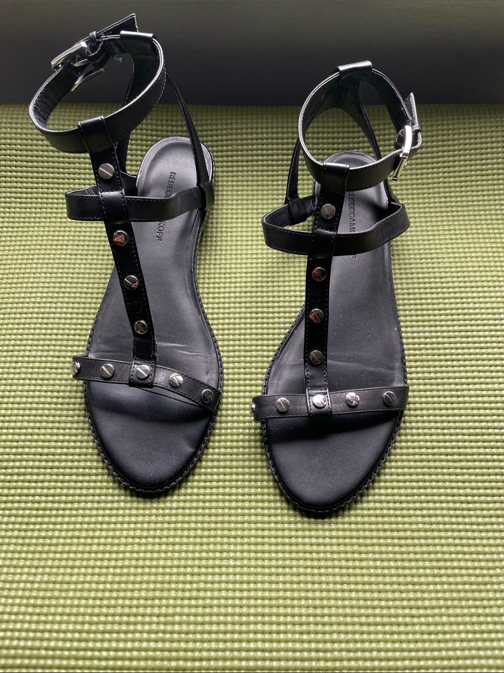 Rebecca Minkoff Black Studded T-Strap Sandals